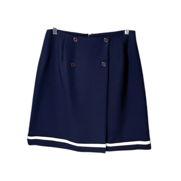 Talbots Women's Mini Skirt Navy Blue Faux Wrap White Trim Nautical Vintage 10 - Picture 1 of 10